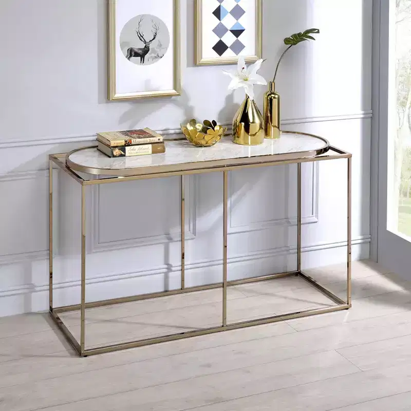 Denban Faux Marble Sofa Table White Marble/Champagne - miBasics