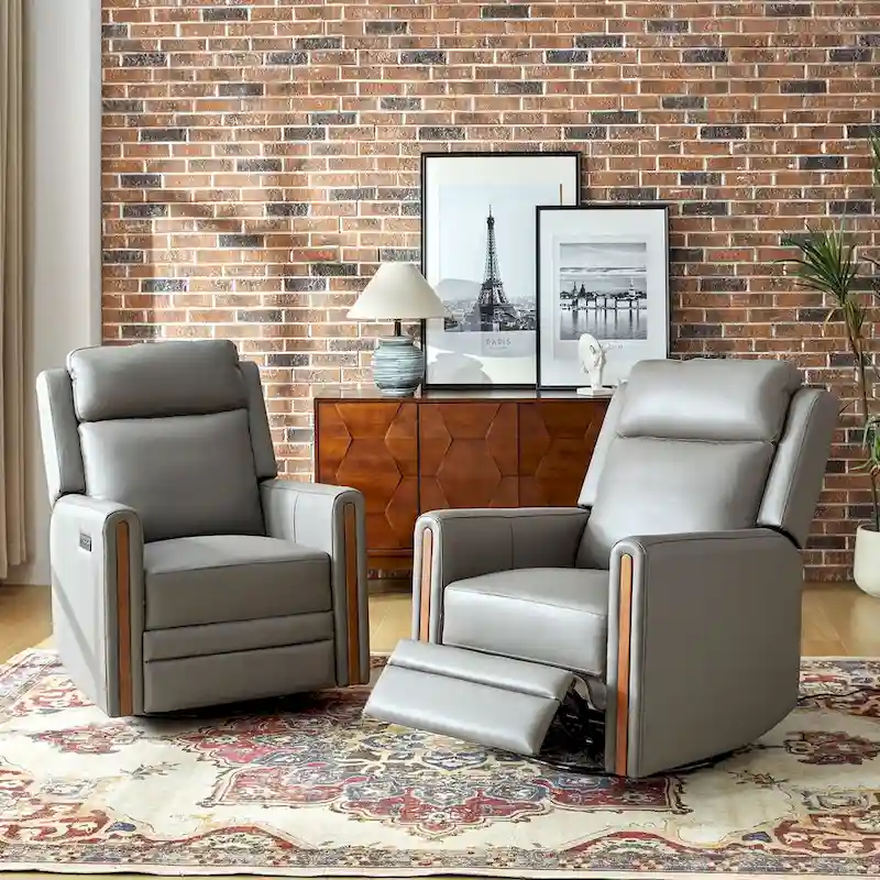 Jaime Modern Genuine Leather Power Rocking Swivel Recliner with Adjustable Headrest and Footrest Set of 2 by HULALA HOME
