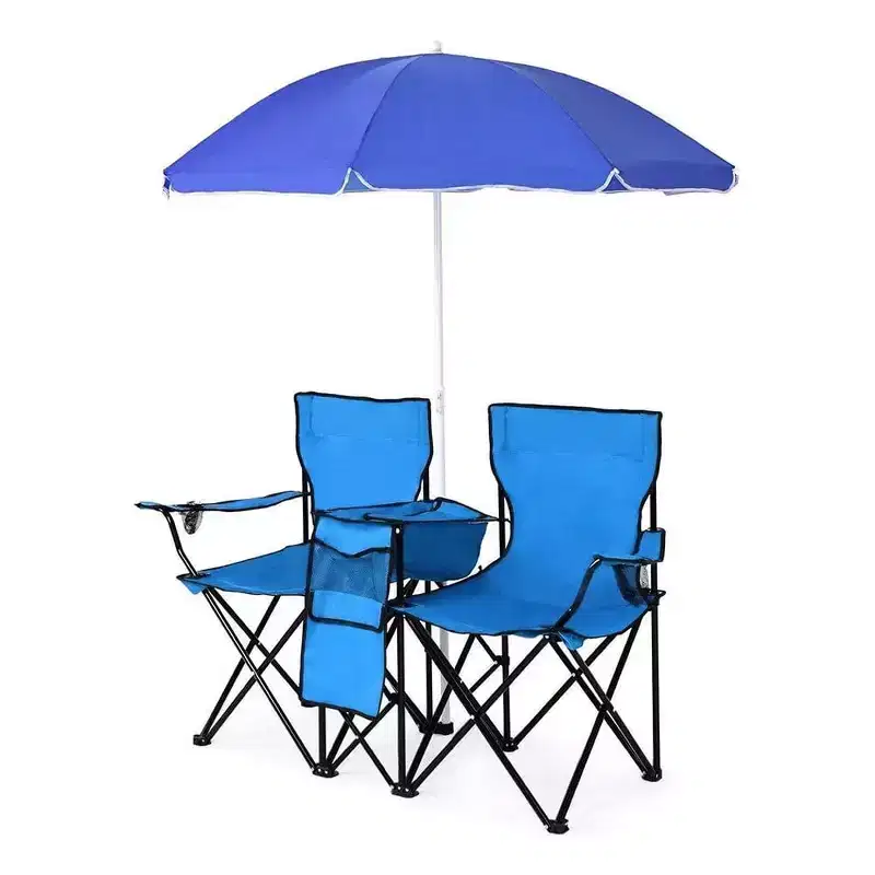 Swtroom Foldable Camping Chair Outdoor Portable Picnic Double Chair with Umbrella Folding Beach Chair Backpacking Blue