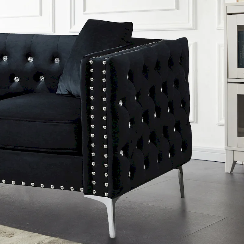 Square Arm Velvet Loveseat with Jeweled buttons and 2 Pillows