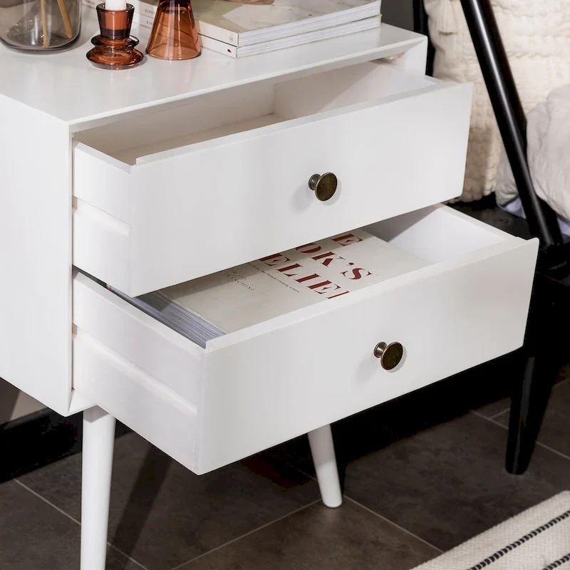 Mid-Century Solid Wood 2-Drawer Nightstand