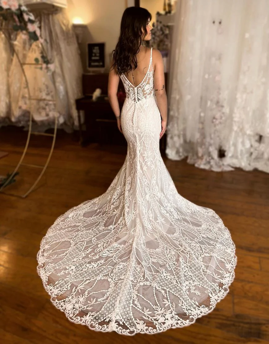Mermaid V-Neck Spaghetti Straps Sweep Train Lace Wedding Dress