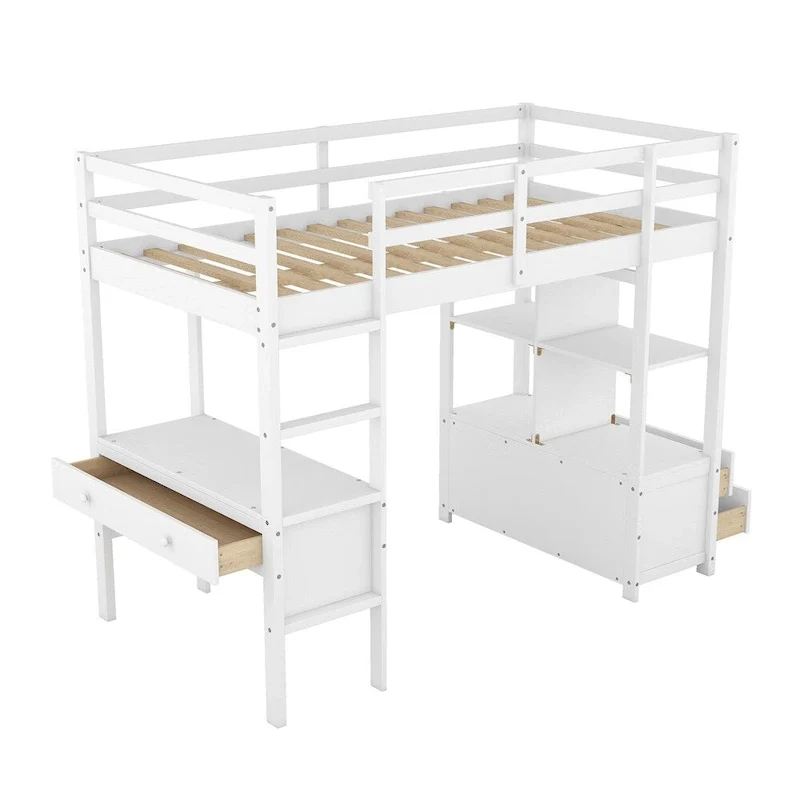 White/Grey Pine Wood Loft Bed with Desk, Drawers & Shelves – Full/Twin, 1-Person