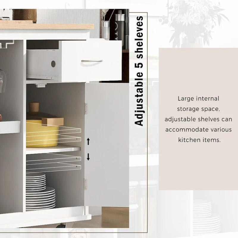 Rubber Wood Kitchen Cart with Adjustable Shelves and Wine Rack