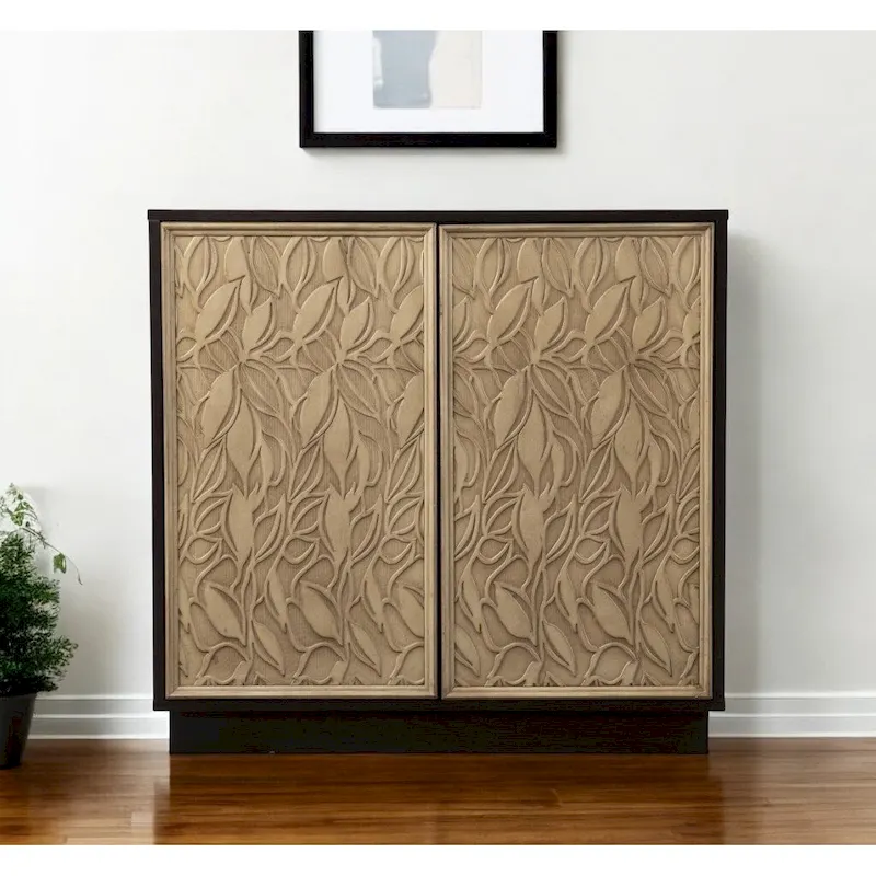 HomeRoots 32 Dark Brown And Natural Carved Floral Sideboard with Two Doors