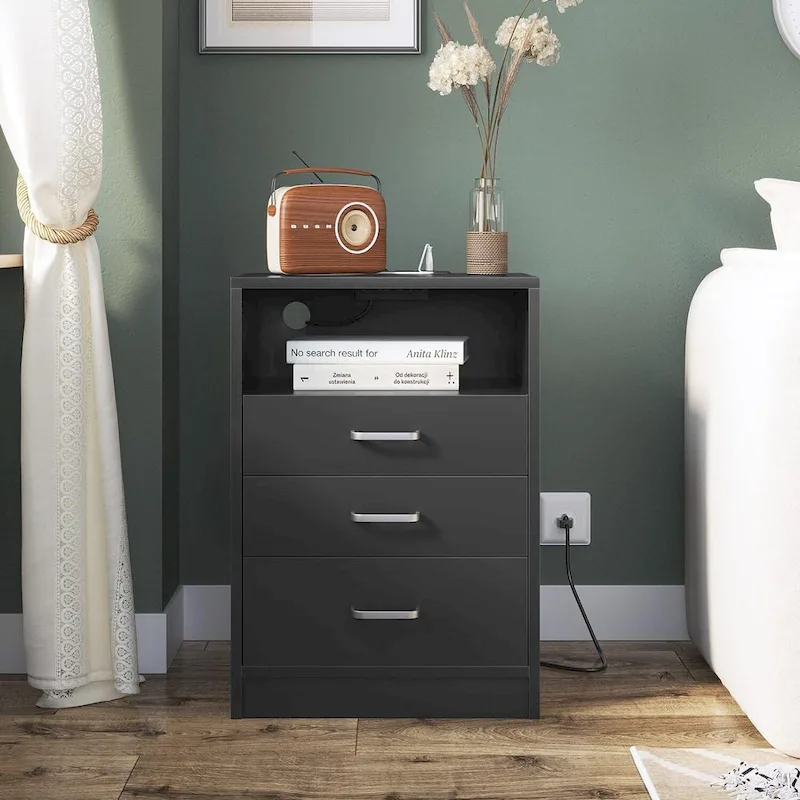 Nightstand 3 Drawers USB Charging Station 2 Outlets Open Shelf MDF Black 15.8W