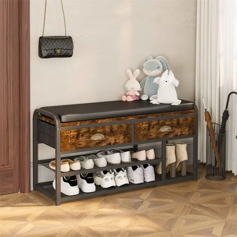 Industrial Entryway Bench with Shoe Storage and Drawer