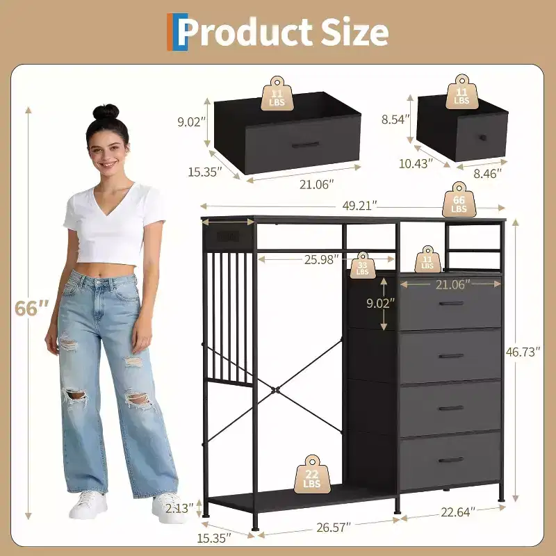COZONY 49 Dresser w/ Hanging Rack & LED Lights, 6-Drawer Closet Organizer with Charging Station, Tall Storage Tower, Reversible Wood Top Chest