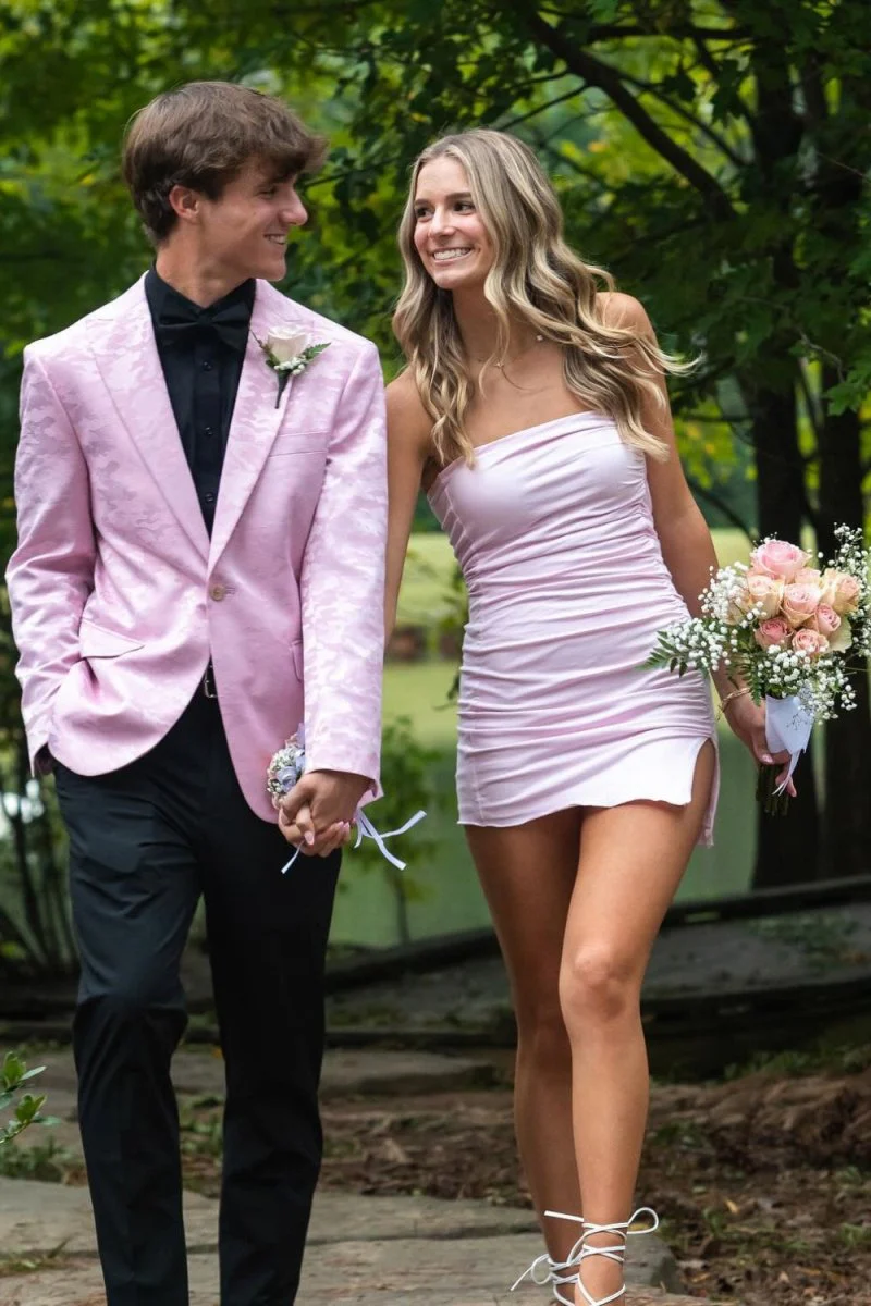 Pink - Strapless Bodycon Spandex Short Homecoming Dress With Slit