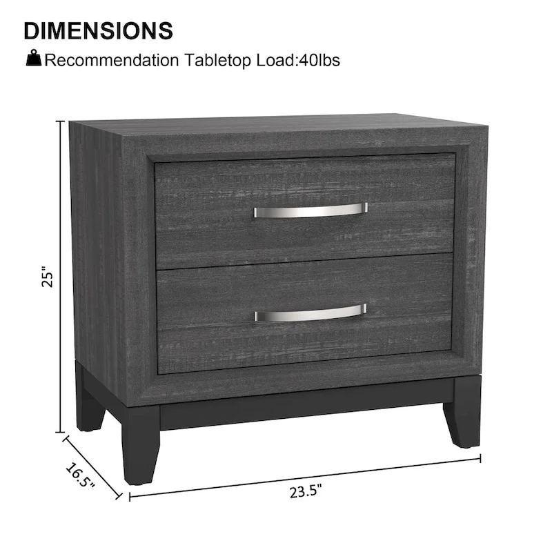 Contemporary Grey Solid Wood 2-Drawer Nightstand End Table