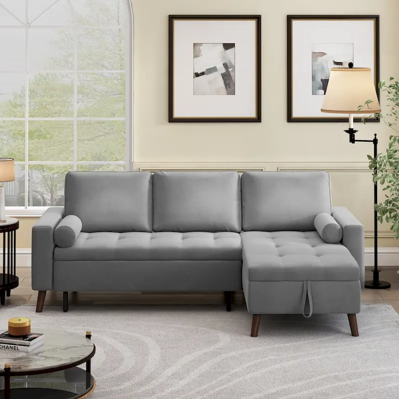 Grey/Green 3-Seat Reversible Sleeper Sectional Sofa with Storage