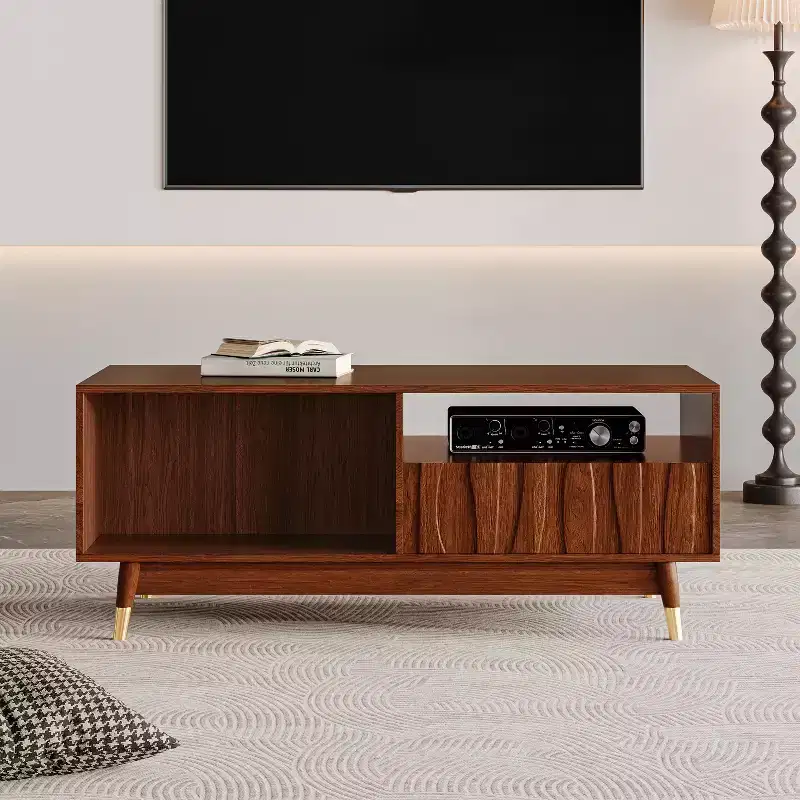 ATJafurn 47 Wooden Coffee Table with 2 Drawers and Open Storage Mid Century Modern Side Table Suitable for Living Room Apartment, Walnut