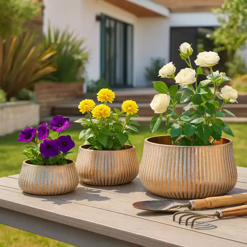 Modern Metal Flower Pots for Home Decor - Garden Planters for Patio, Living Room, or Entryway Plant Stand Indoor - Set of 3, 9, 5, 5, Gold & Brown