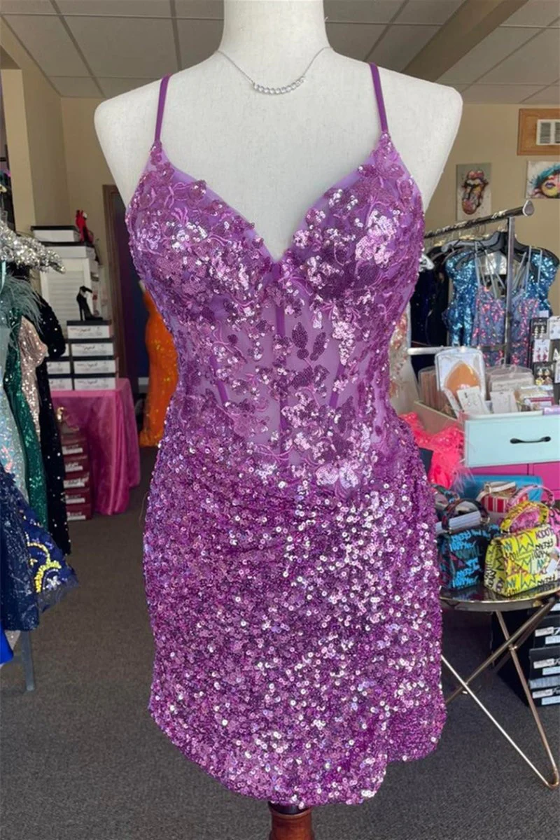 Sparkle Appliques Sequin Bodycon Lilac Mini Party Dresses