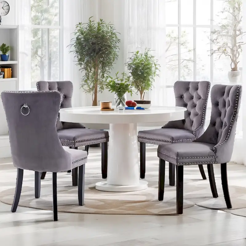 Set of 2 Velvet Dining Chairs,Tufted Solid Wood Armless Chairs Accent Chair with Nailhead Trim and Back Ring Pull - N/A