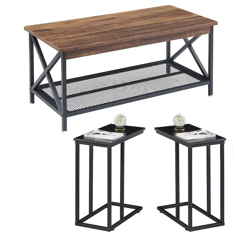Black / Grey / Brown 3-Piece Coffee Table & C Side Table Set for Living Room