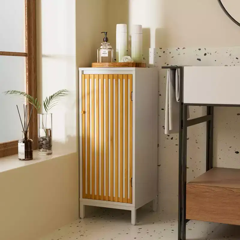 MAYEERTY Living Room Side Cabinet, Bamboo Slats Door, Living Room Use, Natural White