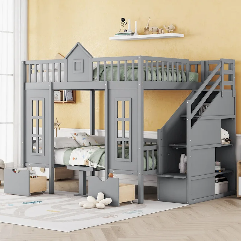 Pink / Gray / White Full-over-Full Loft Bunk Bed with Drawers & Storage Stairs, 2-Person