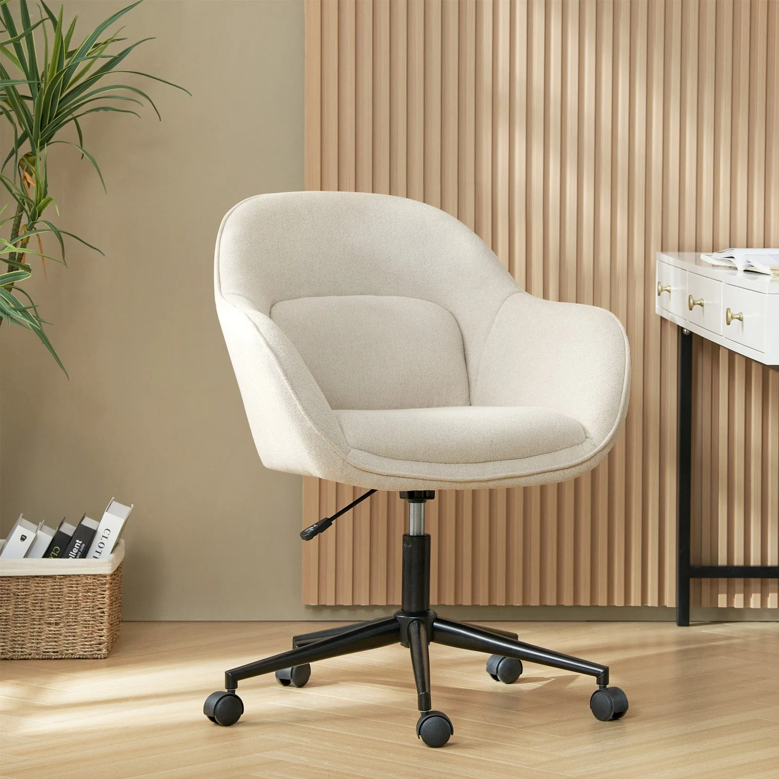 Polyester Swivel Office Chair with Curved Back, Adjustable Height, Armrests & Black Metal Base | Beige / Mustard / Grey | Single Seat