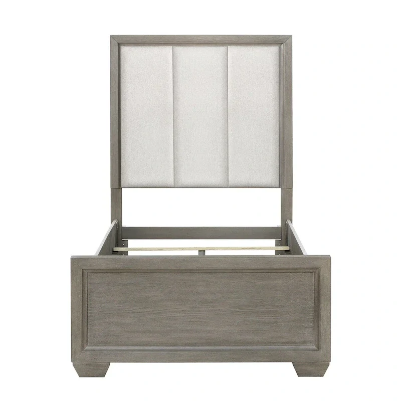 Brown and Beige Wire-Brushed Grey Twin Upholstered Panel Bed with Channel Headboard – 1-Person