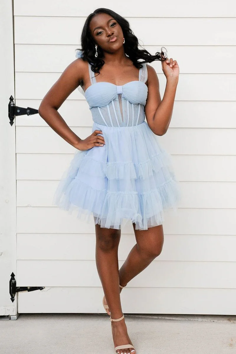 Sky Blue - A Line Sweetheart Tiered Tulle Short Homecoming Dresses With Bow Straps