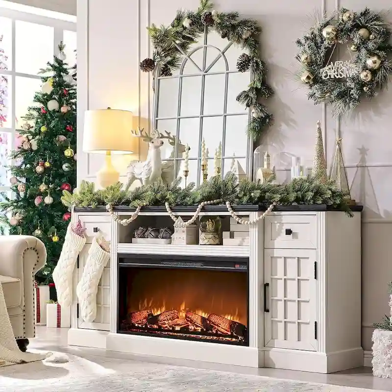 Black/Brown/White Farmhouse Electric Fireplace TV Stand, Fits 80