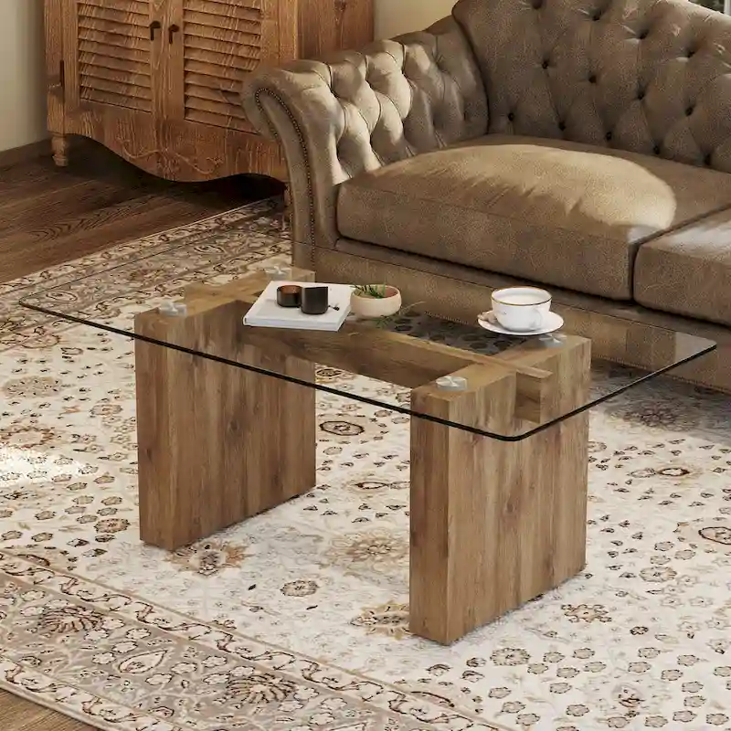 Tempered Glass Coffee Table with MDF Column Legs