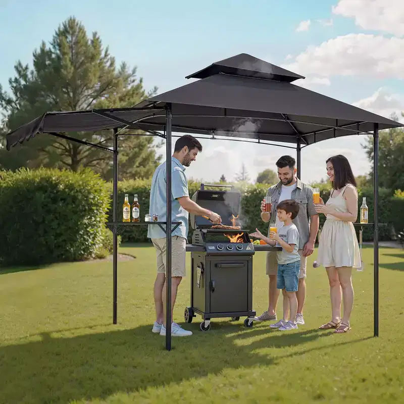 VEVOR Grill Gazebo, 8 x 5 ft Double-Tiered Top, BBQ Gazebo with Extra Awning, Powder-Coated Steel Patio Grill Shelter with 2 Side Shelves, Drak Gray