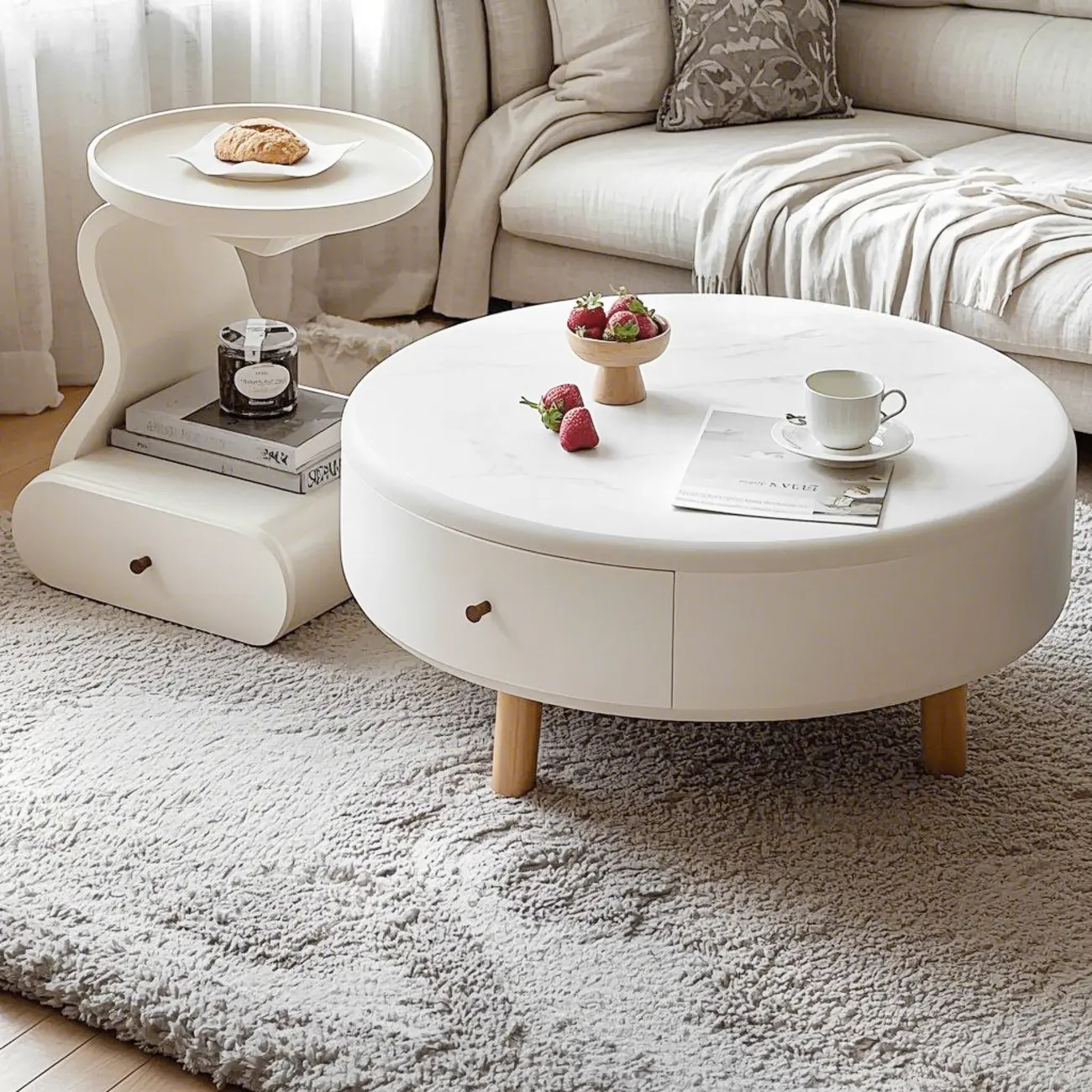 White Round Elegant Modern Wood Drawer Coffee Table