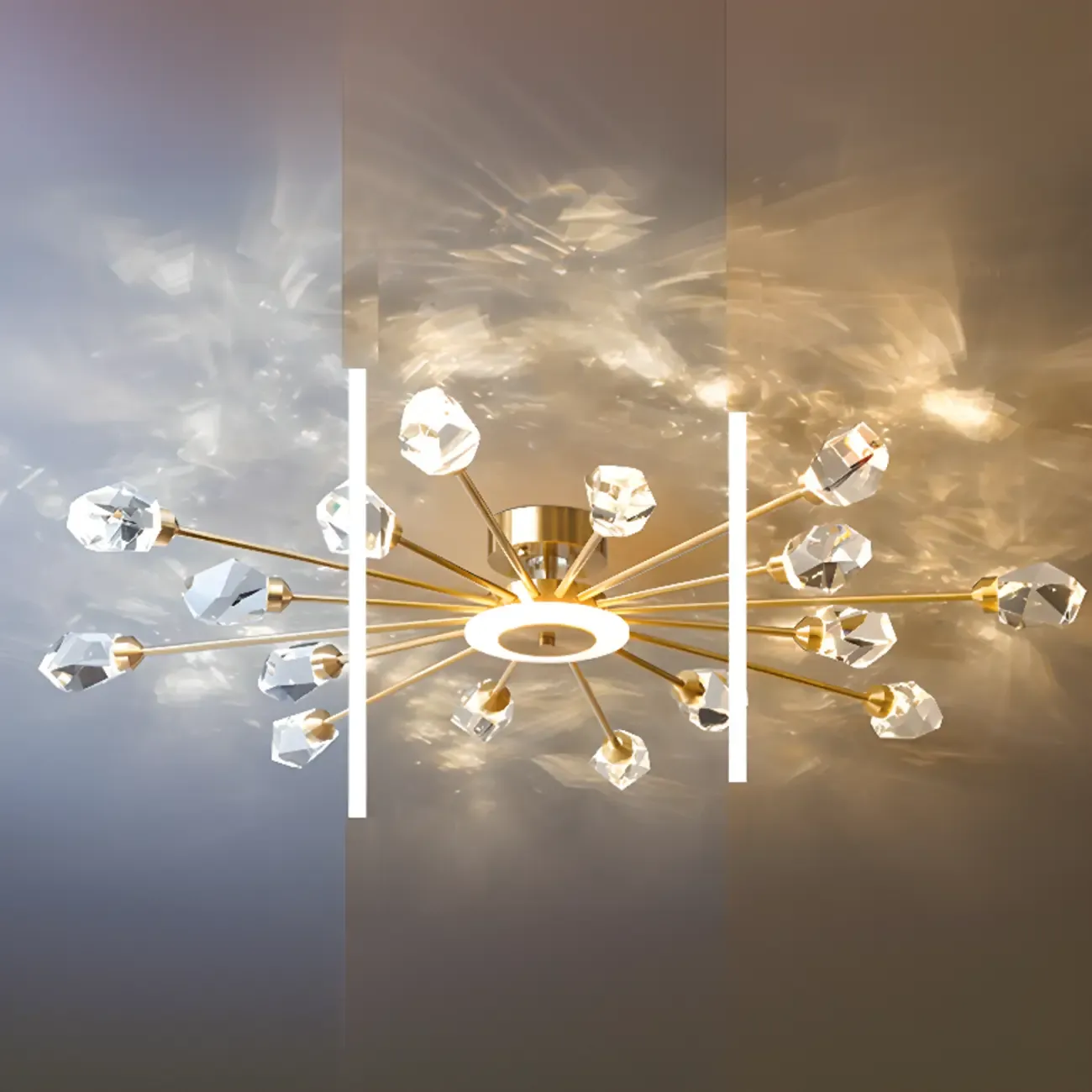 Gold Sputnik Crystal Semi Flush Dimmable LED Ceiling Light