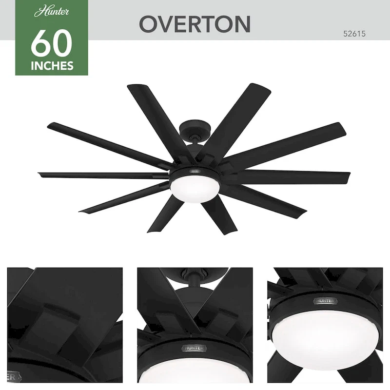 Hunter 60  Overton Damp Rated Ceiling Fan with LED Light Kit and Wall Control - Windmill, Transitional, Modern - ENERGY STAR