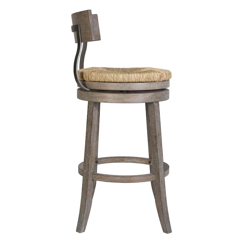 Farmhouse Swivel Wood and Steel Bar Stool with Natural Seagrass Seat