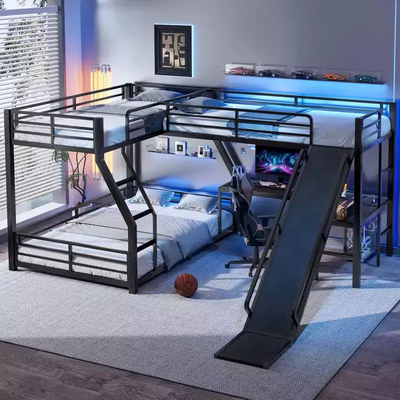 L-Shaped Twin over Full Bunk Bed with Twin Size Loft Bed, Metal Triple Bunk Bed with Slide and USB Ports, Black