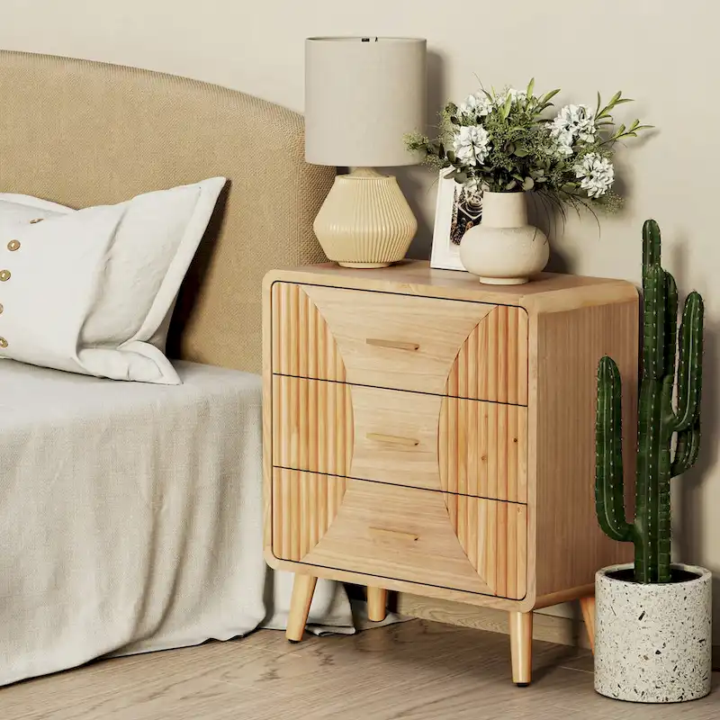 Farmhouse Nightstand, Mid Century Nightstand with Handcrafted , Boho, Rustic Style, Natural Wood