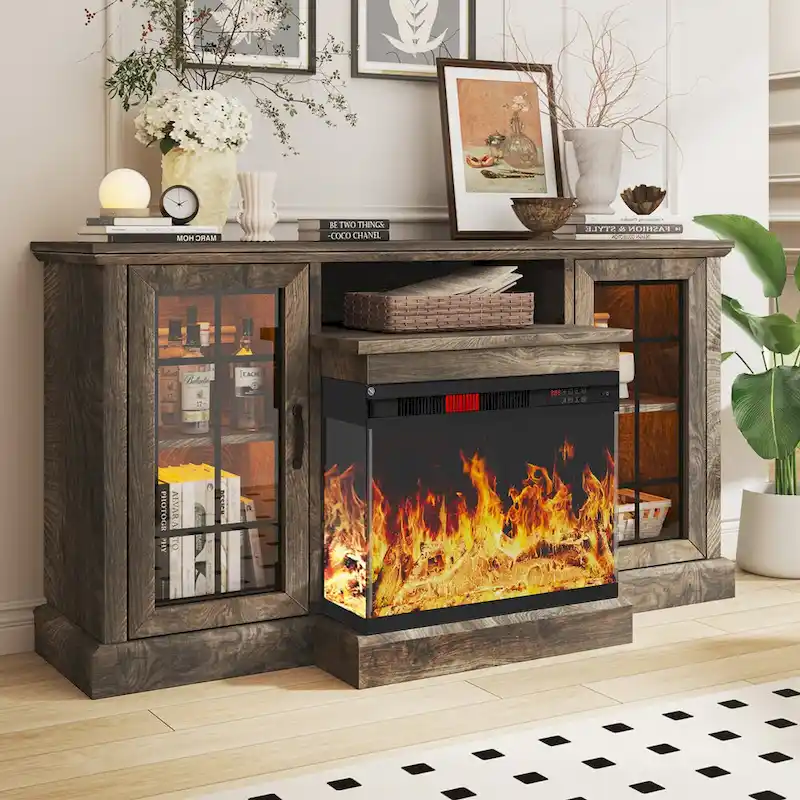 White / Grey Farmhouse TV Stand with 3-Sided Glass Electric Fireplace - Single Use