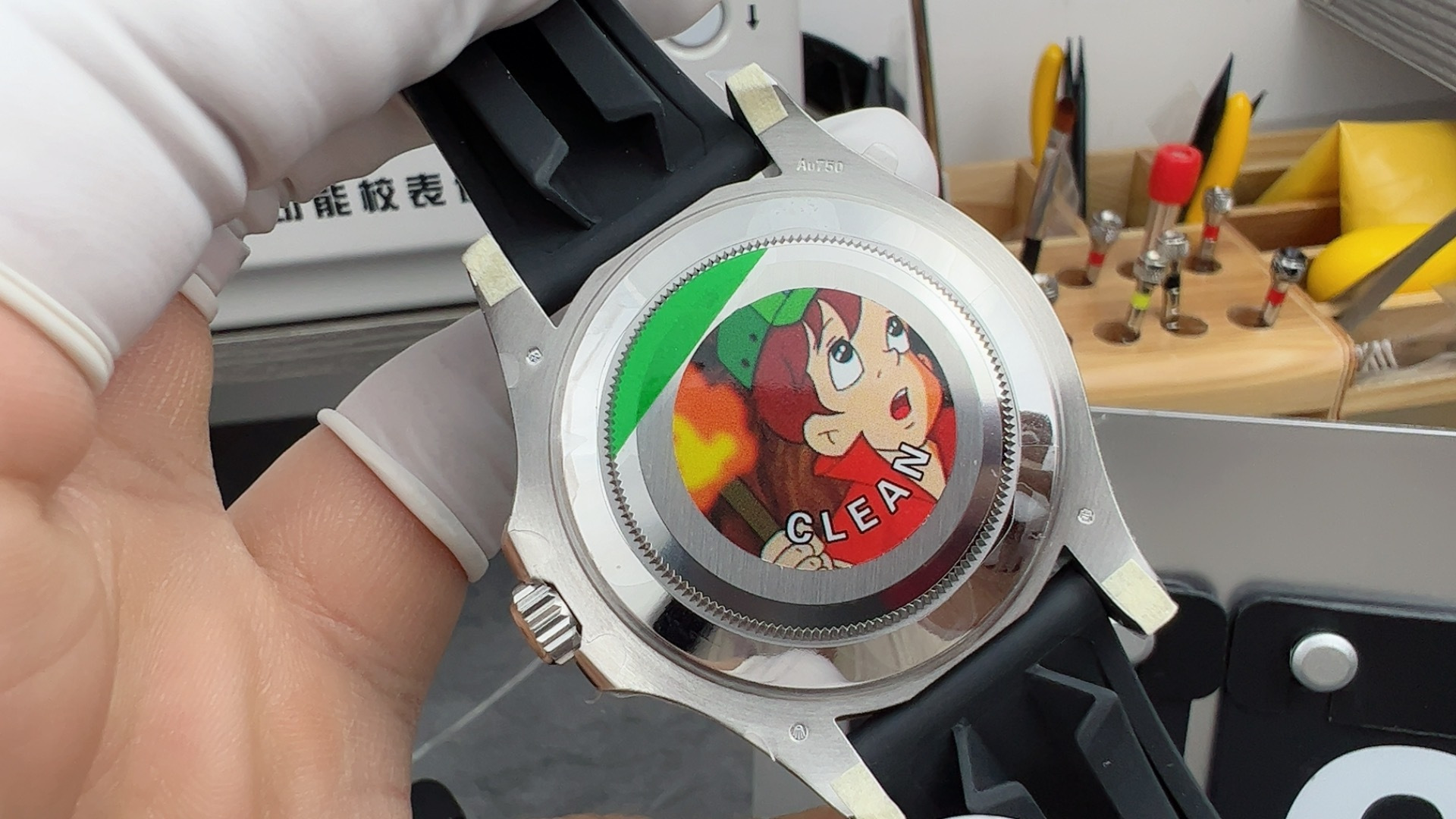 Clean factory replica Yacht-Master caseback with cartoon sticker and clear logo