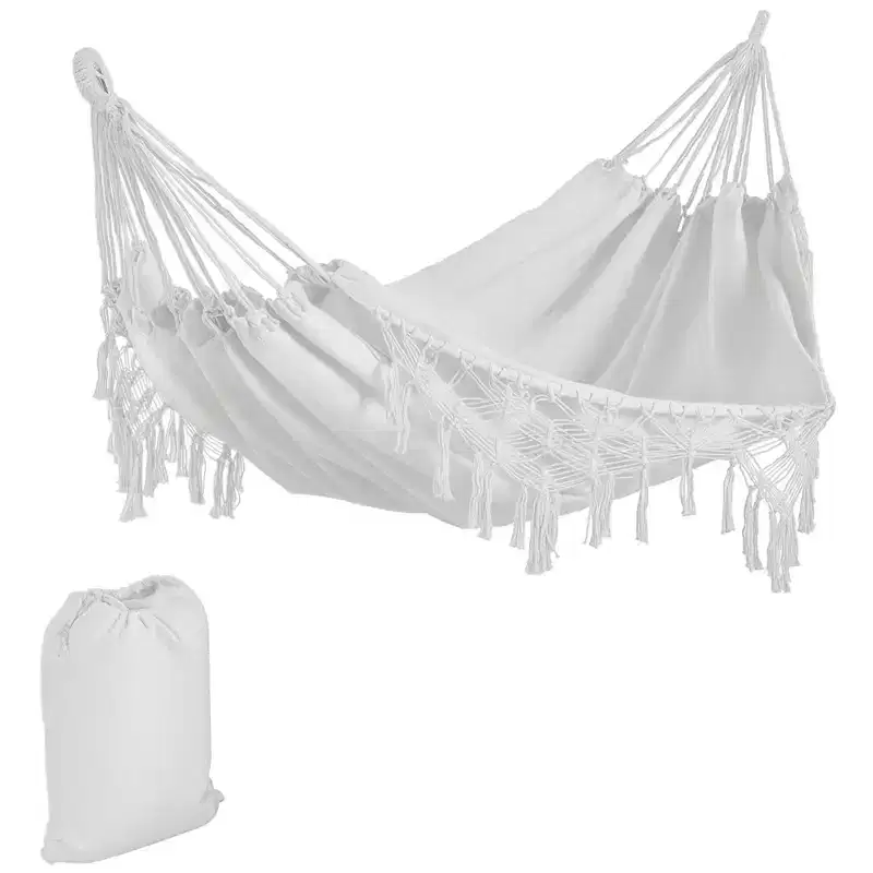 Extra Large Boho Hammock with Macrame Tassel Fringe, Includes Carrying Bag, Indoor Outdoor Tree Hammock for Porch, Backyard, Camping, White