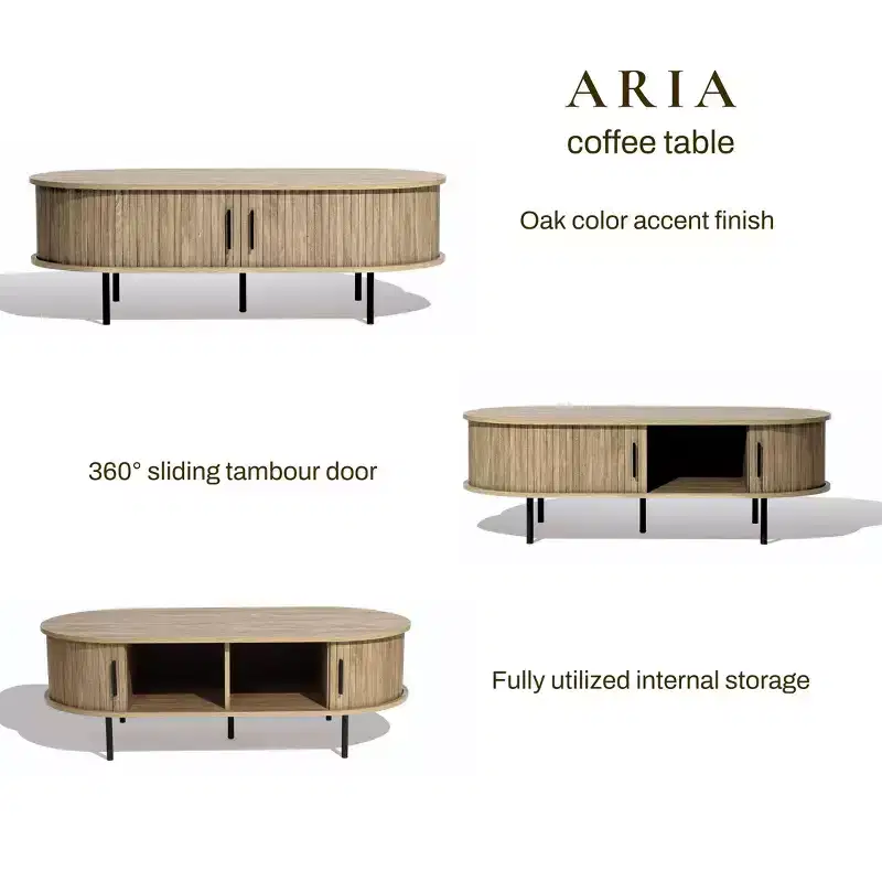 LuxenHome Oval Coffee Table with Storage, 47 Mid Century Modern Fluted Storage Center Table with Sliding Door for Home, Living Room,Office Brown