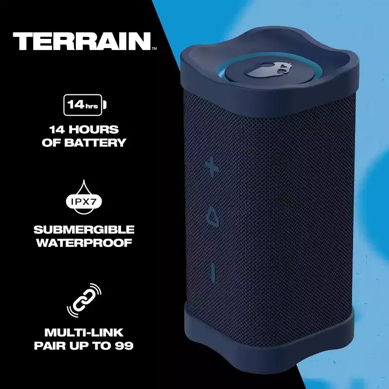 Skullcandy Terrain XT Wireless Bluetooth Speaker - IPX7 Waterproof, Portable, 14 Hour Battery, Nylon Wrist Wrap, & True Wireless Stereo, Navy