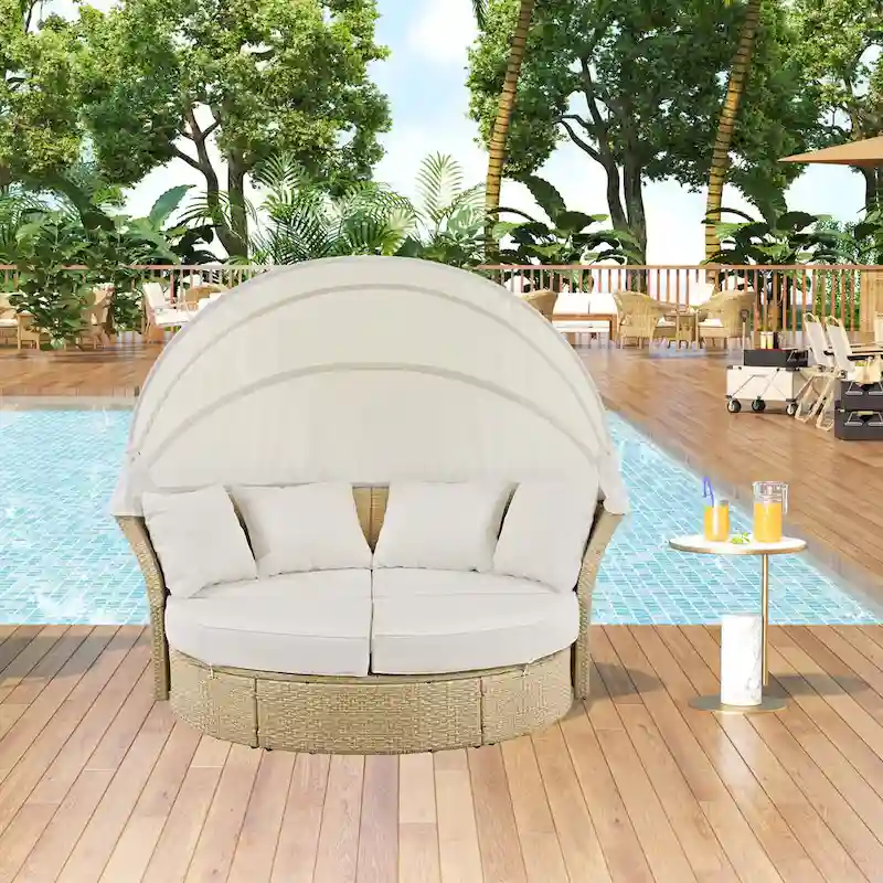 Outdoor Patio Daybed Round Sofa Furniture Set, 4 Pillows
