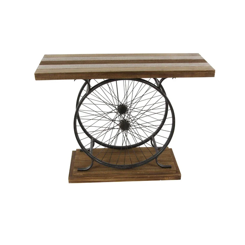 Brown / Blue Industrial Slatted Console Table with Dual Wheel Frame & Tiered Base, 1-Person