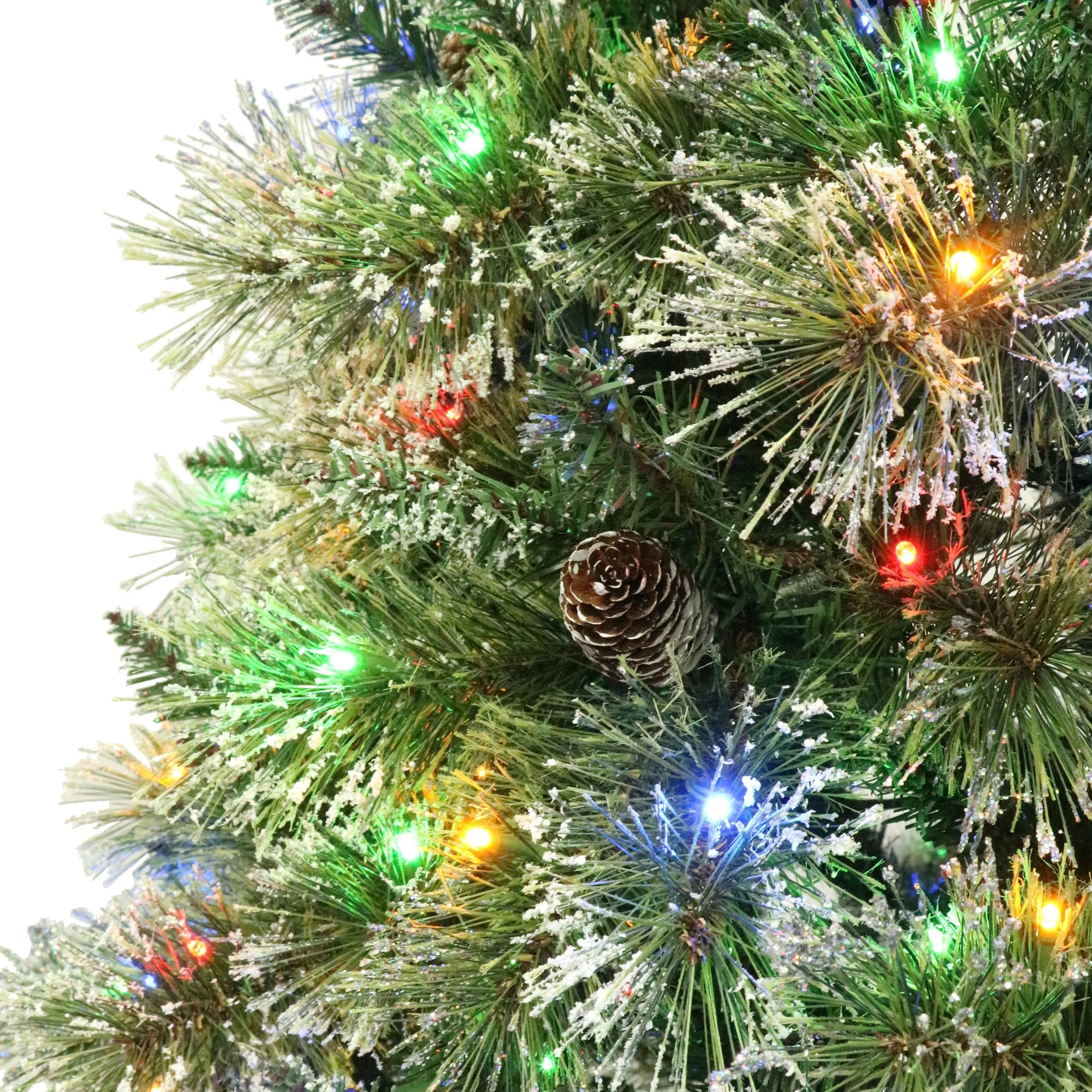 Cashmere Pine and Mixed Needles Pre-Lit Clear LED Hinged Artificial Christmas Tree with Snow and Glitter Branches and Frosted Pinecones - NH812513