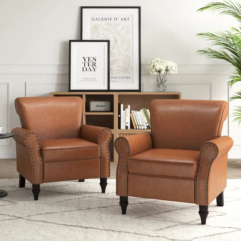 Brown/Black/Grey PU Leather Accent Chair, Rolled Arms & Nailhead Trim, Set of 2