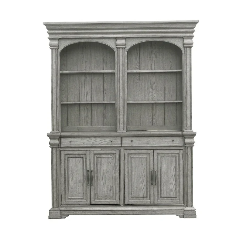 Farmhouse Server & Hutch with 2 Drawers, 4 Doors & Adjustable Shelves – Gray Oak