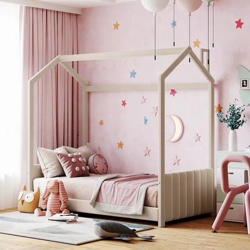 Twin Size Modern Canopy Bed with Striped Headboard & Roof Design