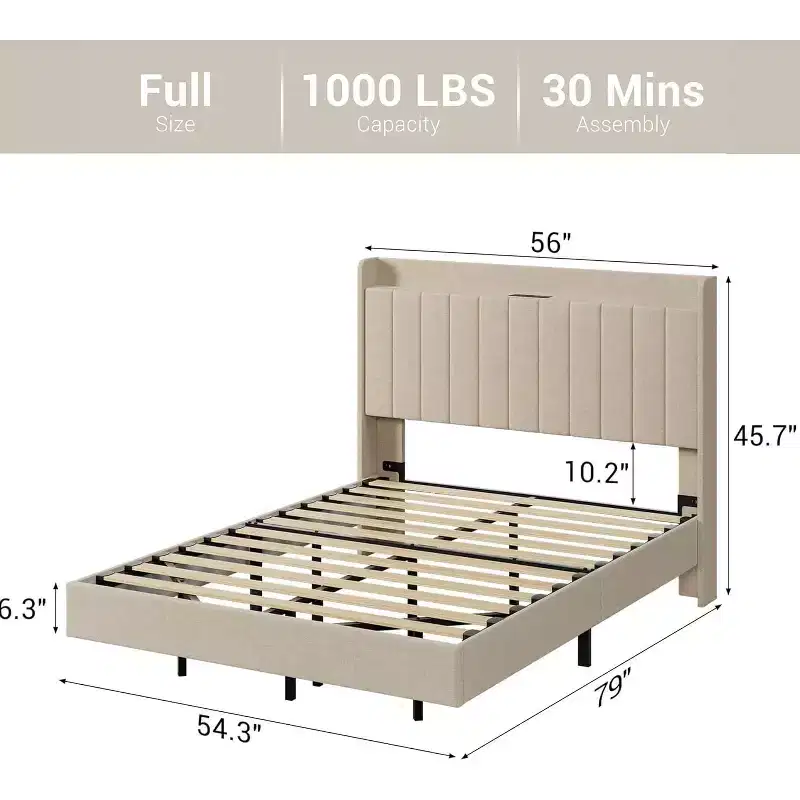 DobleePy Floating Bed Frame with Storage Headboard, LED Lights, USB Charging Station, Solid Wood Slats, Beige, Noise-Free, Easy Assembly