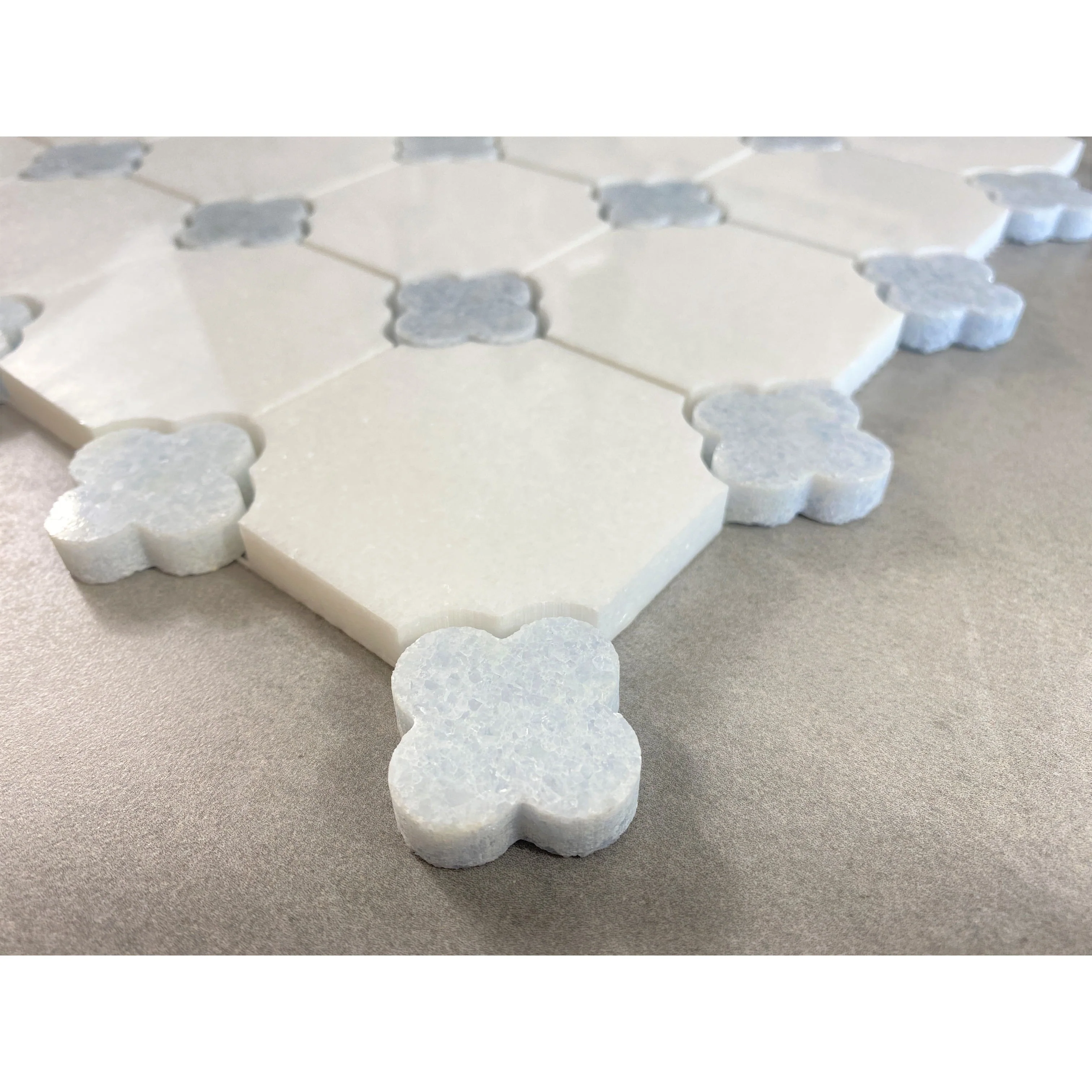 Thassos White with Blue Celeste Flower Pattern Marble Mosaic Tiles - Case (10 Sheets)