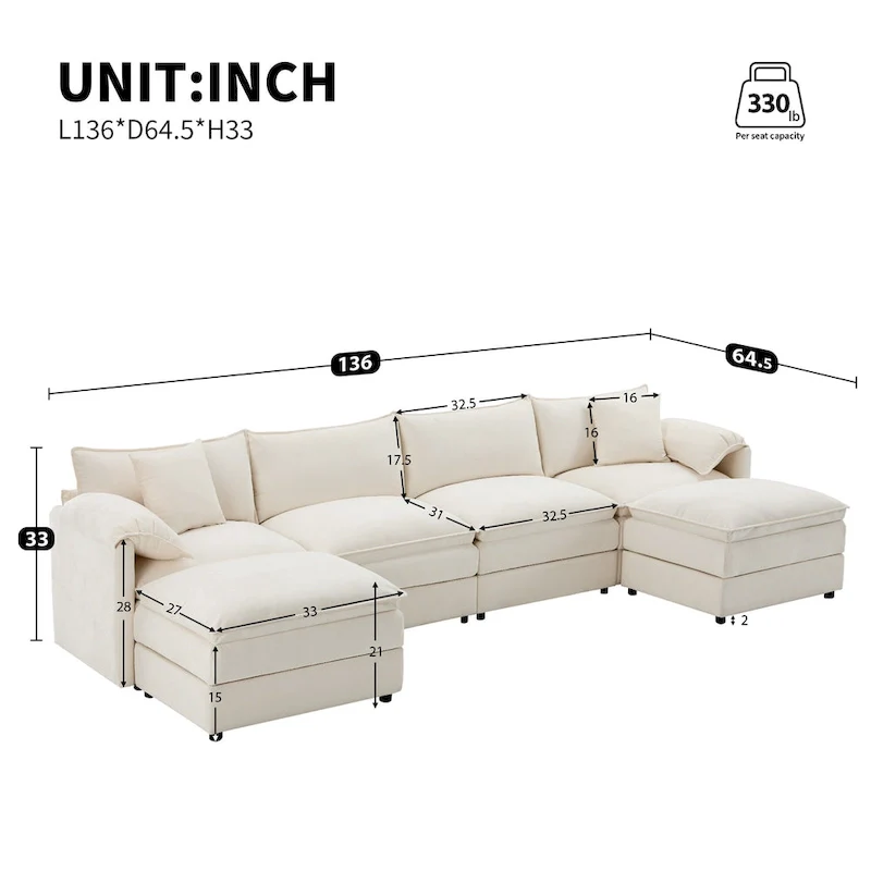 136 U-Shaped Chenille Cloud Sectional Sofa with Dual Ottomans