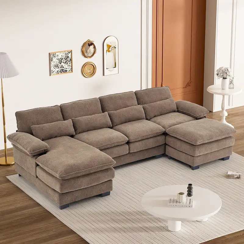 Soft Chenille Fabric U-Shaped Sectional Sofa with Double Layer Cushion