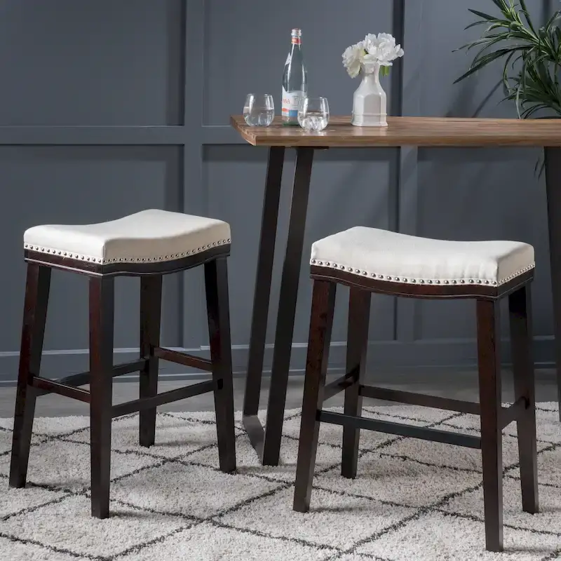 Modern Upholstered Saddle Bar Stools (with Nailhead Trim, Set of 2)
